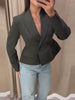 Cinched Waist Cropped Double Breasted Lapel Long Sleeve Side Pockets Slim Blazer Women Autumn Formal Commute Coat
