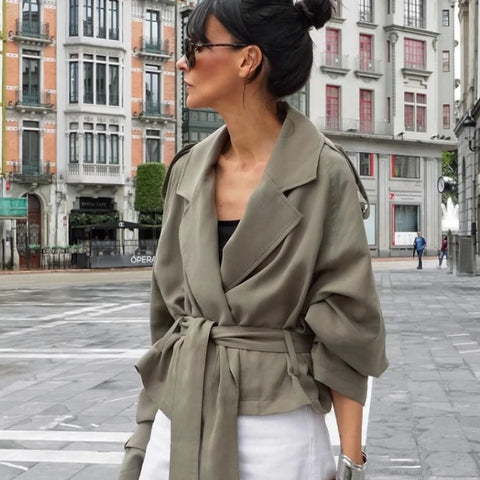 Lace Up Pocket Trench Coat Women's Chic Solid Lapel Full Long Sleeves Windbreaker Jacket Autumn Lady Street Outerwear