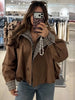 Brown Stand Collar Short Jacket Classic Plaid Contrast Cuff Oversized Casual Coat Autumn Lady Daily Street Outerwear