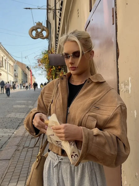 Brown Retro Suede Lapel Zippered Short Jackets Women's Casual Full Sleeves Pocket Loose Coats Spring Daily Commute Outwear