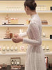 Lace Dress Women's Round Neck Hollow Out Slim Long Sleeve Retractoin Waist Big Swing Dresses 7AB8070