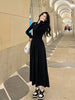 Long Sleeve O-neck A-line Dress Streetwear Vestidos Lady Korean Style Hollow Out Black Long Dresses Women