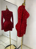 Special Occassion Dress Women Red Sparkly Sequines Long Sleeve Turtleneck Drapped Asymmetric Bodycon Mini Birthday Evening Dress