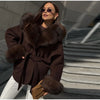 Elegant Faux Fur Thicken Jackets Women's Long Sleeves Pockets Patchwork Belts Hoodie Coat Winter Chic Warm Outerwear