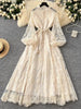 Spring Autumn European American Stand Up Collar Single Breasted Lace Dress Women Elegant Embroidery Large Swing Long Dress C205