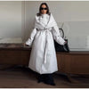 Detachable Triangle Shawl Long Puffer Coat Stand Collar Waist Tie Belt Button Solid Loose Women Coats Winter Commute Outfit