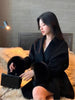 Elegant Lace Up Woolen Short Coat Solid Loose Lapel Furry Long Sleeve Belt Waist Jacket Spring Autumn Lady Chic Cardigan