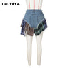 Women Plaid Denim Patchwork Streamer Irregular A-line Mini Skirt Street Female Classic Jeans Cargo Skirts