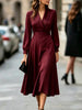 Autumn Women's Notched Work Long Sleeve Maxi Dress Wrap Waist A Line Midi Dress Elegant Long Party Dress Robe Femme