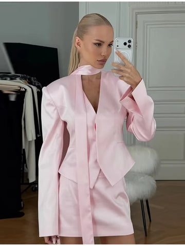 Women Solid Cropped Satin Blazer Skirt Set V-neck Necktie Detail Mini Skirt Elegant Formal Party Office Outfit 2 Piece Suits