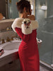 Furry Patchwork Christmas Dress Women Winter Elegant Diagonal Collar Split Hem Full Sleeve Party Club Vestidos