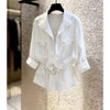 Spring Female Long Sleeved Casual Shirt French Lady Patchwork Cardigan Blouse Autumn Women Lapel Solid Color Shirts Coat