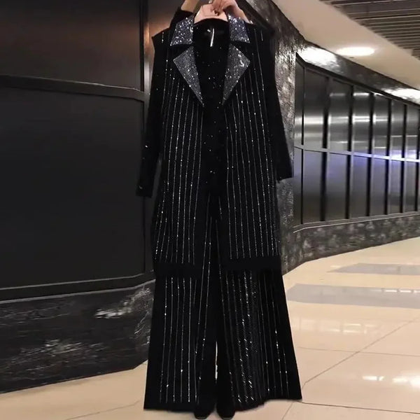 Fatty Women Autumn Mid length Covering Vest Wide Leg Pants Fat Sister Heavy Industry Bright Diamond Three Piece Set Female
