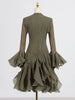 Women's Irregular Pleated Patchwork Long Flare Sleeve Waist Cinching Midi Dresses Female Clothing