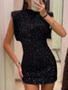 Sequin Mini Dress for Women Elegant O-Neck Fly Sleeve Shiny Short Dress Female Chic Club Evening Party Vestidos