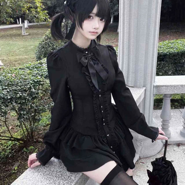 Japanese Gothic Style Lolita Dress Women Dark Bow Lace Ruffle Long Sleeves Slim Shirt Dress Vintage Y2k Party Mini Dress Cosplay