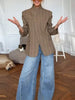 Turtleneck Short Checkered Coat Women Double Breasted Long Sleeve Outerwear Autumn Lady Daily Casual Jacket