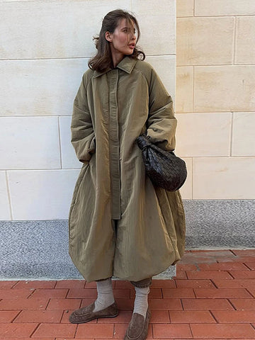 Collar Long Sleeve Maxi Puffer Jacket Cotton-Blend Oversize A-Line Autumn Cozy Warm Women Outerwear Retro Lady Coat