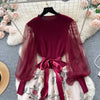 Senior Knitted Patchwork Dress Long Lantern Sleeves Bow Mesh Embroidery Floral Women Autumn France Elegant Party Dress