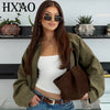 Suede Jacket Woman Green Khaki Outerwears Women's Jacket Spring Crop Oversize Long Sleeve Coats Jacket