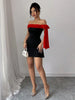 Women Off Shoulder Mini Dress Red Big Bow Spliced Bodycon Short Dresses Elegant Slim Fit Black Little Dress Night Club Party Birthday Outfits Evening
