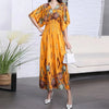 Women Bohemian Ethnic Printed Holiday Dress V-Neck Elastic Waist Casual Batswing Sleeve Mid Dress Elegant Vintage Retro Dress