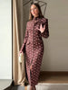 Floral Print High Neck Midi Dress For Women Chic Long Sleeve Button Front Sheath Dresses Office Party Commuting Clothes