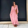 Casual Solid Ruffles Patchwork Robe Women Minimalist Full Sleeve Mesh Loose Fit Lace Up Maxi Dress Vacation Daily Date Wear
