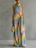Women's Multicolor Diagonal Striped Palazzo Pants Loose Casual High Waist Wide Leg Trousers Bottoms