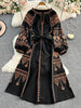 Bohemian Retro Ethnic Style Dress Women's Spring Autumn Embroidered Lace Up Lantern Sleeves Waist Cinching Long Dress A155