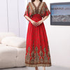 Women Bohemian Ethnic Printed Holiday Dress V-Neck Elastic Waist Casual Batswing Sleeve Mid Dress Elegant Vintage Retro Dress