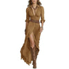 Vintage Solid Single Breasted Slit Long Dresses Women Lapel Belted Slim Pleated Long Sleeve Bohemian Irregular Maxi Dress