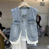 Spring Autumn lace Stitching Denim Vest Jacket Women's Korean Sleevele Waistcoat Cowboy Vest Coat Female Casual Ladies Tops