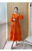 Elegant Women Pleated Dress O Neck 3D Floral Long Sleeves Fungus Spliced Design A-line Dresses Party 2AA1375