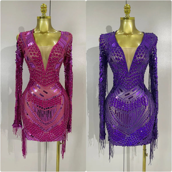 Sparkly Diamonds Sequin Tassels Sexy Mesh Short Dress Women Evening Party Celebrate Birthday Nightclub Show Photo Shoot Wear
