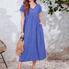 Plus size women's dress, Bohemian ethnic style printed V-neck batball sleeve dress, elastic waist, with pockets