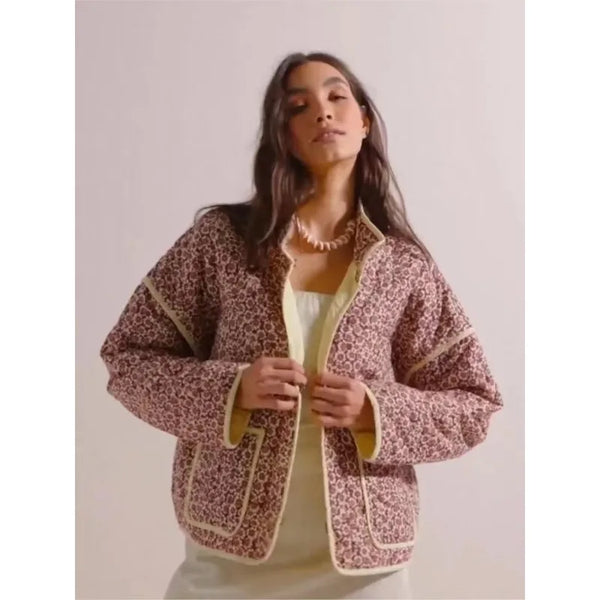 Chic Vintage Floral Print Cotton Coat Autumn Winter Women Jacket Long Sleeve Cardigan Pocket Streetwear Short Quilted Jacket