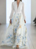 Women Elegant Print Dress Long Sleeve Deep V Neck High Waist Loose Dresses Robe Femme Holiday Party Womens Clothing