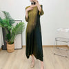 Gradient Pleated Dress For Women Round Neck Loose Casual Style Irregular Hem Female Clothes 2DB2221