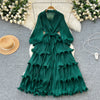 High End Party Ruffles Runway Dresses Women Lantern Sleeve Lace-up Loose Stretch Celebrity Beautiful Long Dress