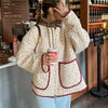 Women's Autumn Aesthetic Floral Print Stand Collar Color Pocket Quilted Padded Jackets Coat Female Warm Outwear Chic Tops