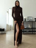 Turtleneck Thigh High Split Sexy Maxi Dress For Women Long Sleeve Draped Bandage Bodycon Club Long Dress