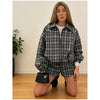 Women Casual Plaid Shorts Set Lapel Long-sleeved Zipper Jacket Short Pants Suit Lady Spring Daily Loose Outfits