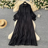 Spring Vintage Loose Dresses Women Lantern Sleeve Turn-down Collar Solid Single Breasted Casual Folds Long Dress