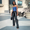 1PC Brown Faux PU Leather Pleated High Waist Stacked Pants Women Slim Hipster Street Style Long Trousers Female 2#