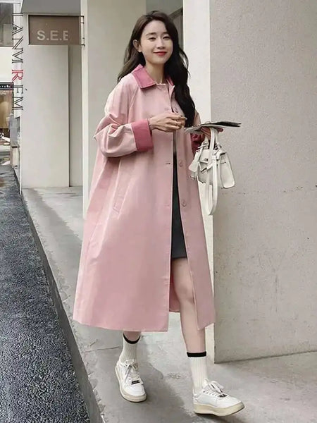 Contrasting Color Windbreaker For Women Lapel Long Sleeves Single Breasted Mid Length Trench Coat Spring 2DA8980