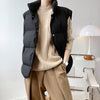 Stand Neck Puffer Cotton Vest Beige Black Autumn Winter Loose Vest Women Jacket