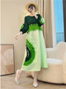 Tie Flower Design Women's Pleated Dress O-neck Long Sleeve Colorblock Patchwork Chic Beading Loose Famale Clothes