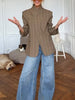 Women Khaki Striped Oversized Blazer Asymmetrical Button Closure Tailored Lapel Collar Structured Coat Minimalist Urban Outfits