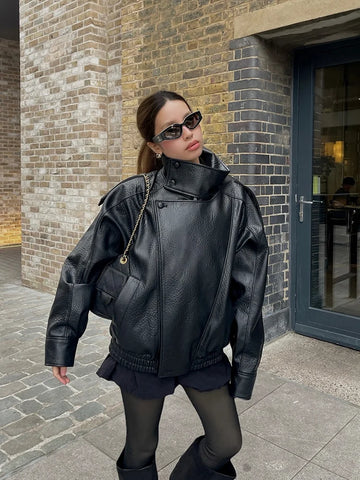 Black Faux Leather Short Jackets Women Retro High Neck Long Sleeve Oversized Coats Lady Autumn Winter Classic Streetwear